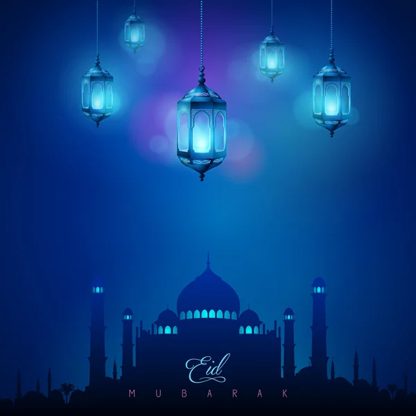 Arabische Lampe und Moschee islamische Feier Gruß Hintergrund eid mubarak — Stockvektor