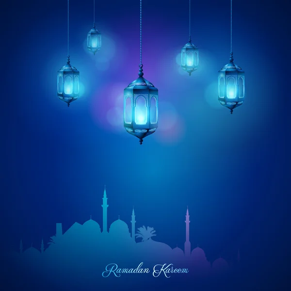 Lámpara árabe y mezquita islámica celebración saludo fondo Ramadán Kareem — Vector de stock