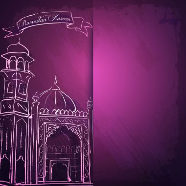 Ramazan Kareem tebrik kartı ve İslami afiş arka plan cami mürekkep kroki