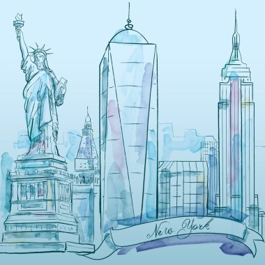 New York ikonik bina vektör suluboya kroki - şehir mimarisi