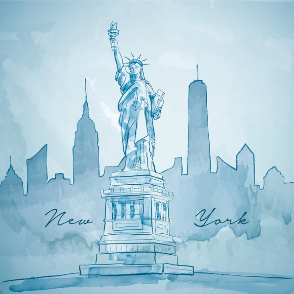 Liberty standbeeld met New York gebouw stad silhouet — Stockvector