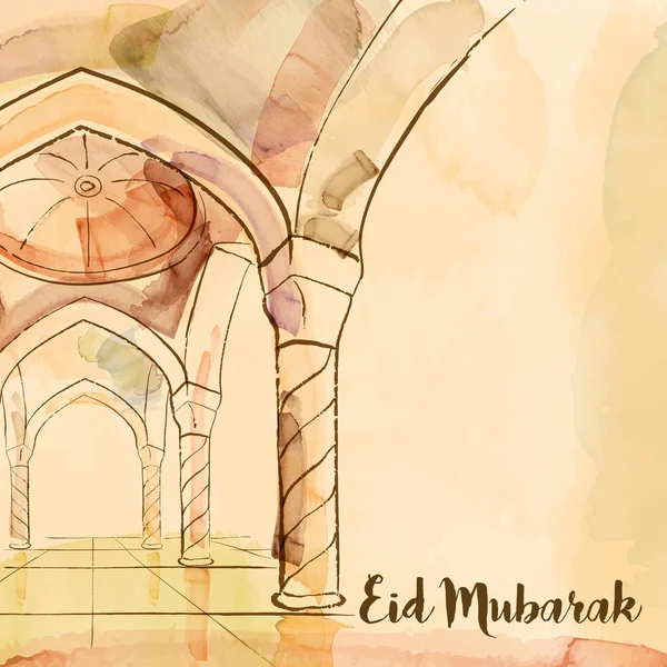 Eid Mubarak islámico saludo fondo vector mezquita acuarela boceto — Vector de stock