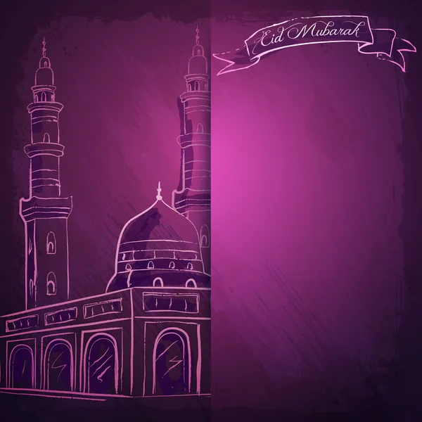 Vector mosque ink sketch for Eid Mubarak greeting background — Stock Vector