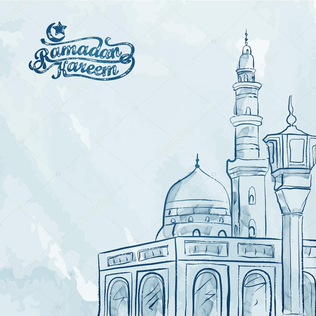 Watercolor mosque sketch Ramadan Kareem greeting background Stock