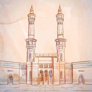 Cami kroki - Mescid-i Haram Mekke Suudi Arabistan - vektör suluboya fırça illüstrasyon