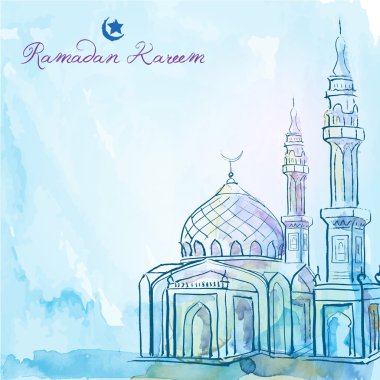 Ramazan Kareem tebrik arka plan cami suluboya kroki