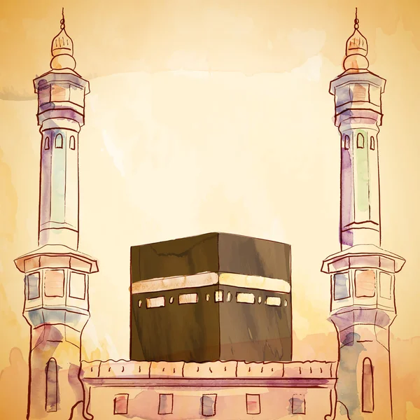 Kaaba e haram ilustração mesquita com escova de aquarela vetorial e esboço de tinta — Vetor de Stock