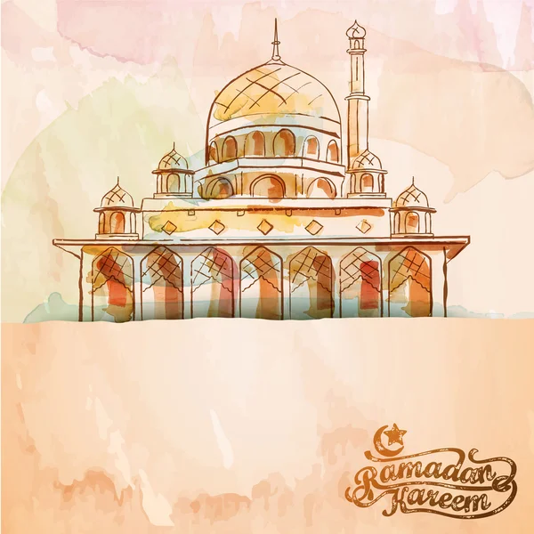 Vetor de aquarela escova mesquita design islâmico fundo Ramadan Kareem —  Vetores de Stock