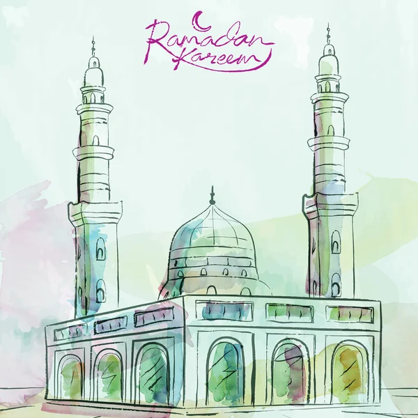 Ramadan Kareem background vector watercolor mosque sketch for greeting banner — Stock Vector