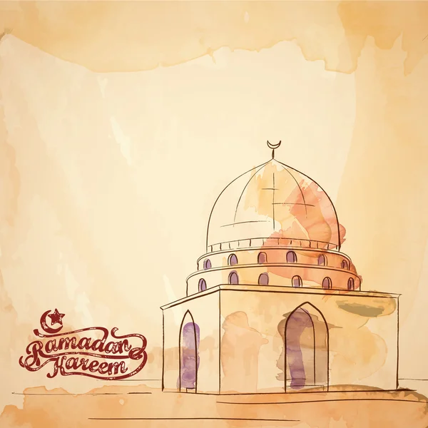 Ramadan greeting banner background islamic mosque watercolor and ink sketch — Stock Vector