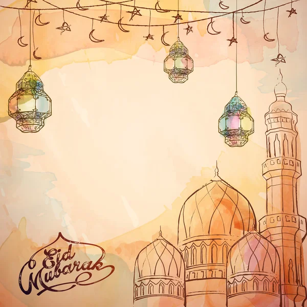 Eid Mubarak vector sketch lantern and mosque — Stock Vector