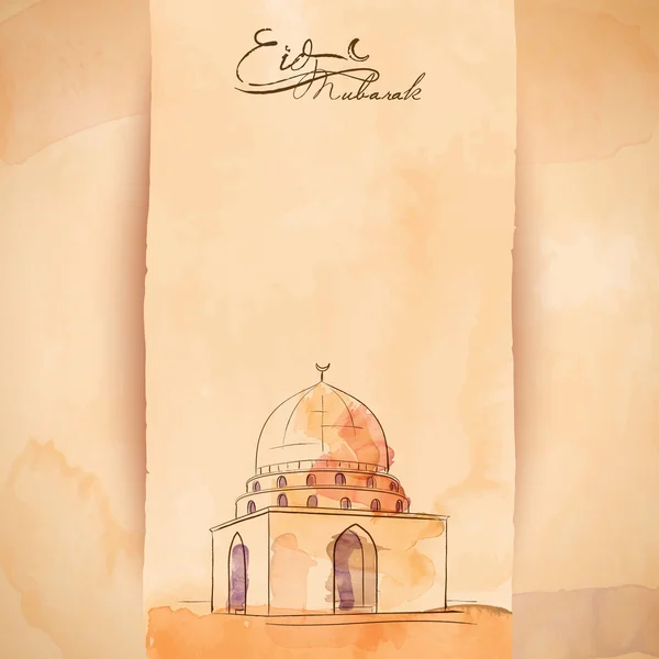 Eid Mubarak saludo banner fondo mezquita islámica acuarela y tinta boceto — Vector de stock