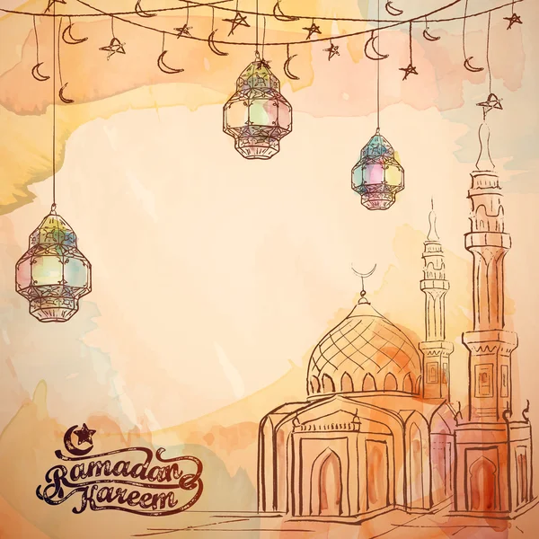Moskee en Arabische lantaarn aquarel en inkt schets voor Ramadan Kareem achtergrond — Stockvector