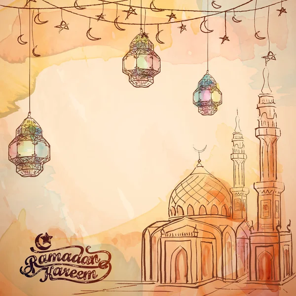 Ramazan Kareem arka plan için cami ve arap fener suluboya ve mürekkep kroki