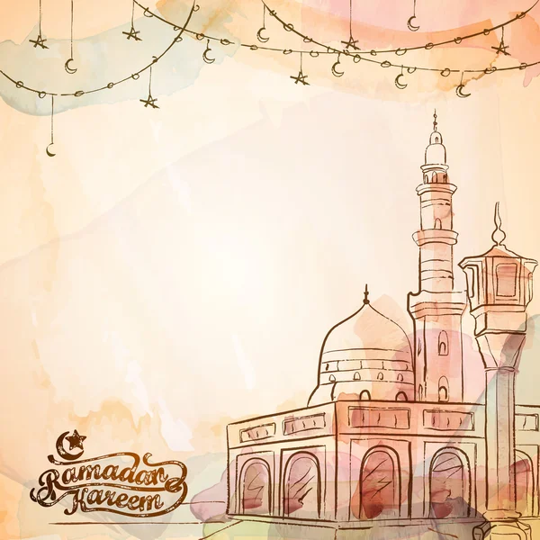 Ramadan Kareem vector watercolor banner and greeting template background — Stock Vector