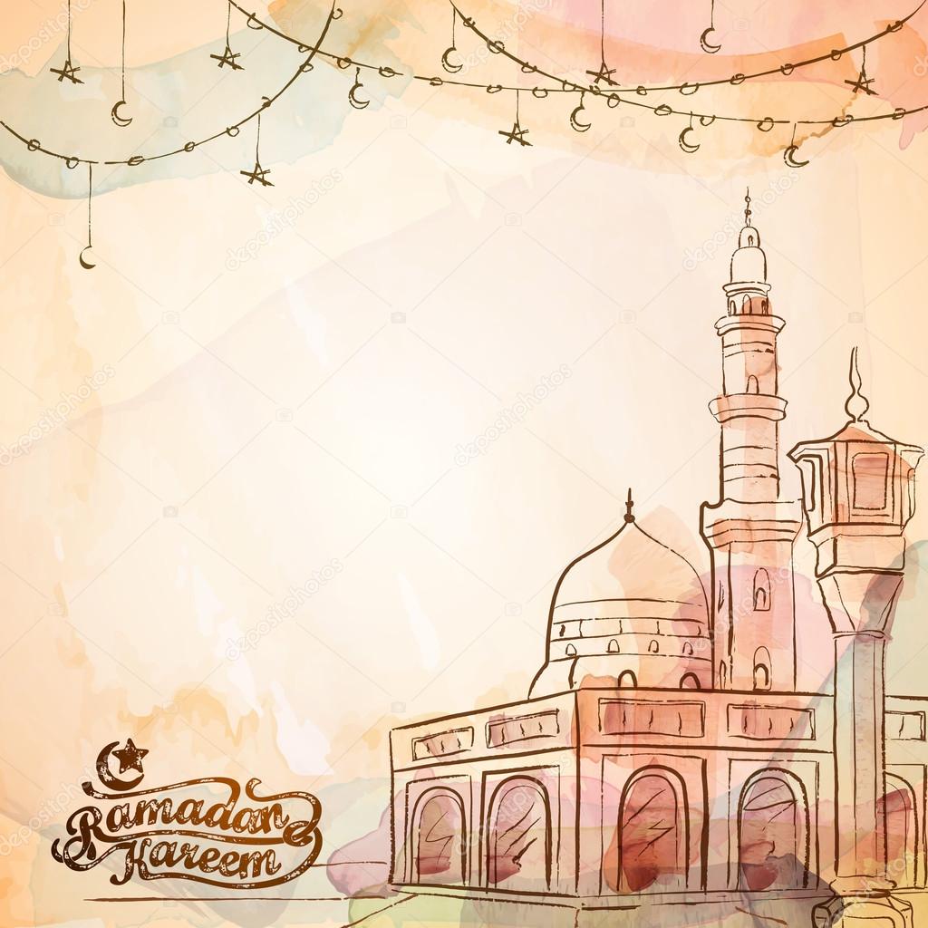 Ramadan Kareem vector watercolor banner and greeting template background
