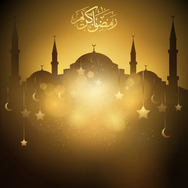 Ramadan Kareem islamic vector design background mosque silhouette with glow crescent and star — Stock Vector