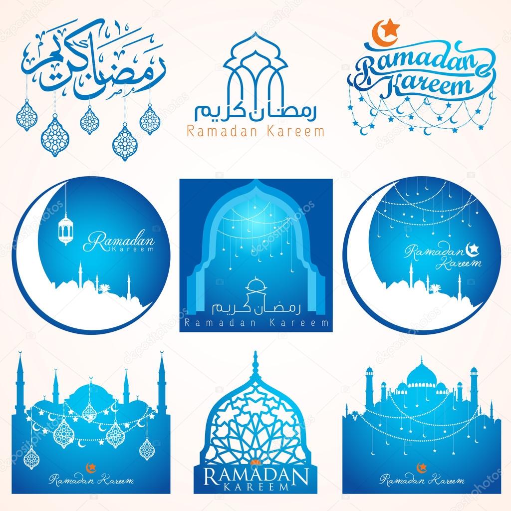 Nine sets of Ramadan Kareem emblem for badges and islamic holiday icon for greeting and banner design