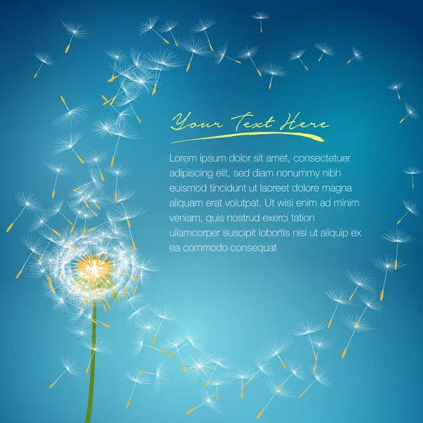Dandelion flower with seeds flying away with the wind - vector love summer spring background — Stok Vektör