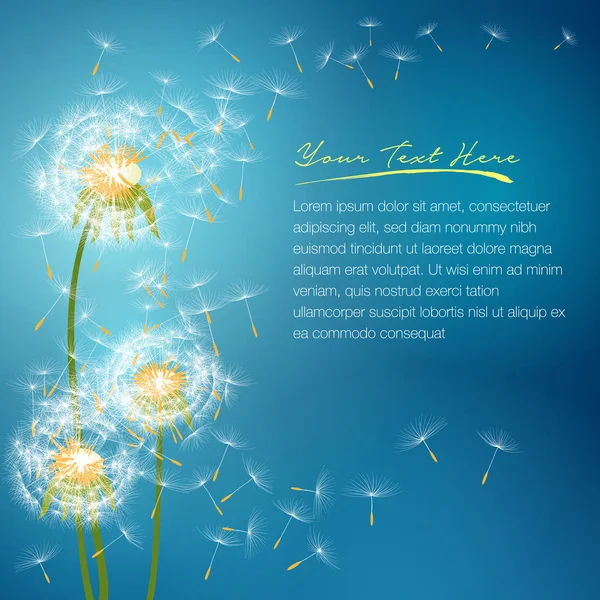 Dandelion flower with seeds flying away with the wind - vector spring background — Stok Vektör