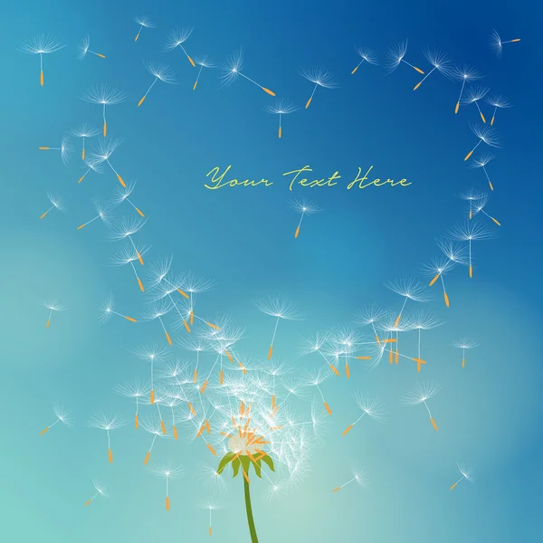 Vector dandelion with seeds flying away with the wind forming love — 图库矢量图片