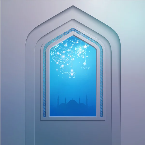 Двері мечеті з геометричним арабським візерунком для привітання фону фестивалю — стоковий вектор