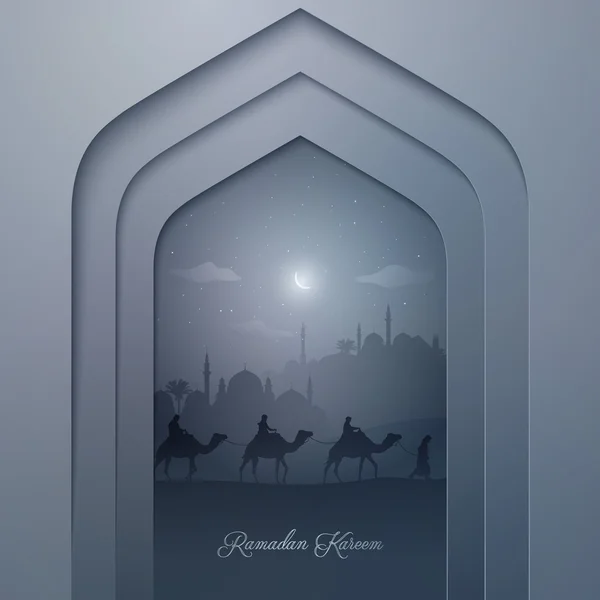 Porta da mesquita com mesquita e viagem árabe em camelo para Ramadã Kareem — Vetor de Stock