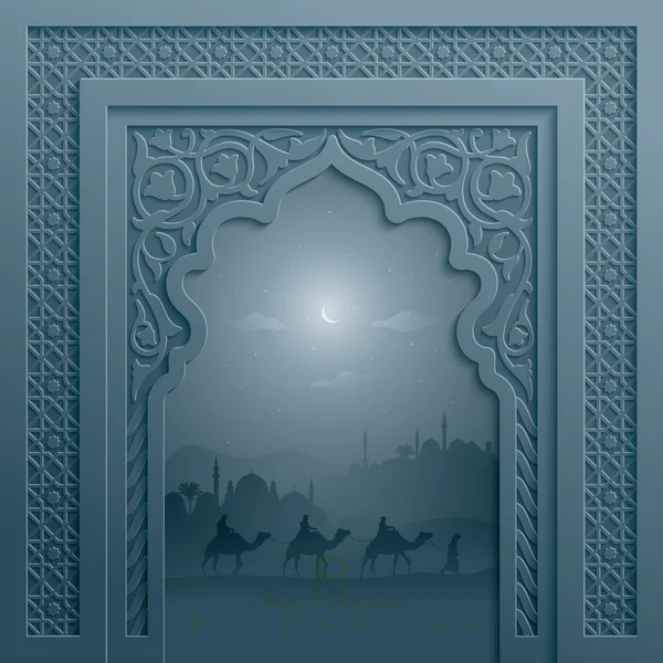 Porta da mesquita com padrão geométrico e paisagem árabe para saudação muçulmana Eid Mubarak —  Vetores de Stock