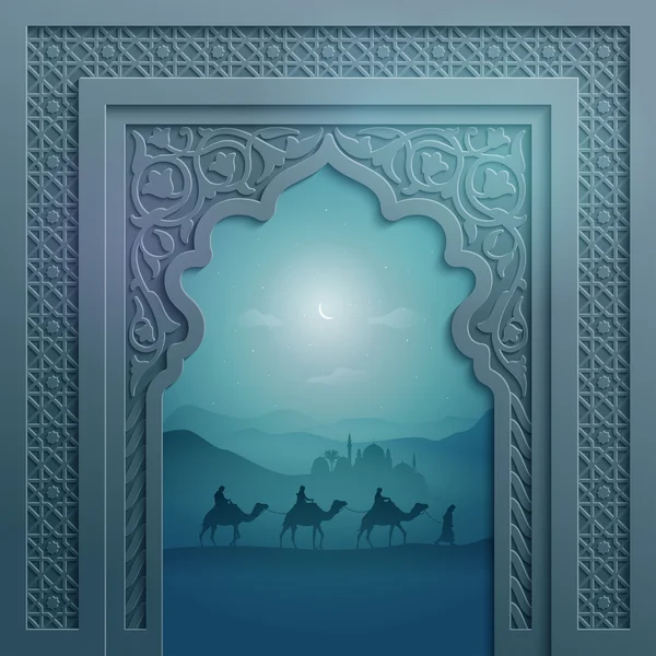 Mosque door with geometric pattern and arabic landscape for muslim greeting Eid Mubarak — Stock Vector