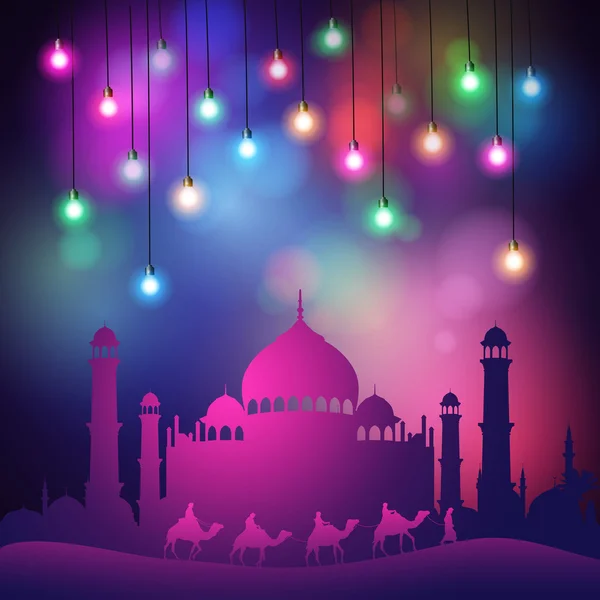 İslami arka plan tasarım renkli ışıklar Camii ve Arap Gezgin — Stok Vektör