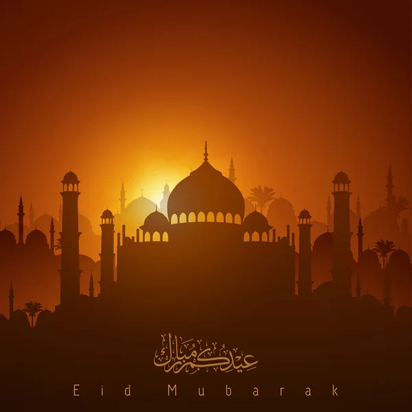Puesta de sol en la silueta de la mezquita y caligrafía árabe Eid Mubarak — Vector de stock