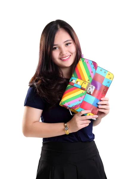 Smiling girl and fashion bag portrait — Stock Photo, Image