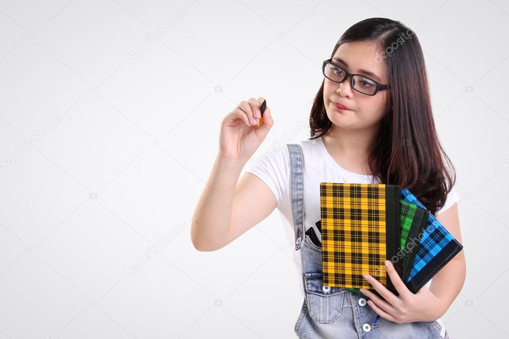 Nerd student gestures writing on screen