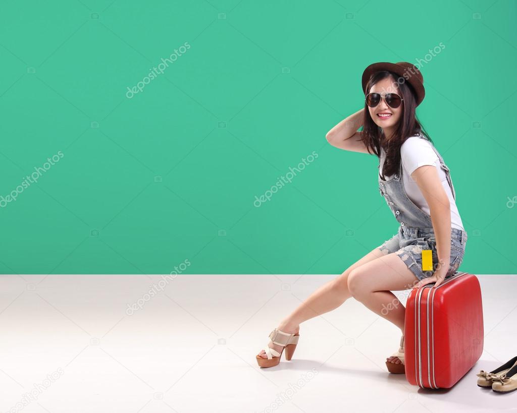 Happy stylish traveler vintage background