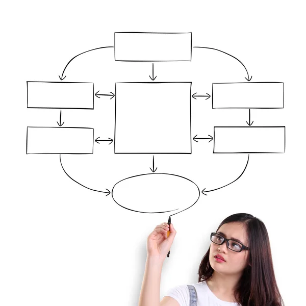 Smart girl drawing flowchart on white — Stock Photo, Image