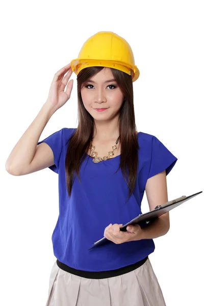 Young architect woman holding yellow safety helmet, isolated on white — Stock Photo, Image