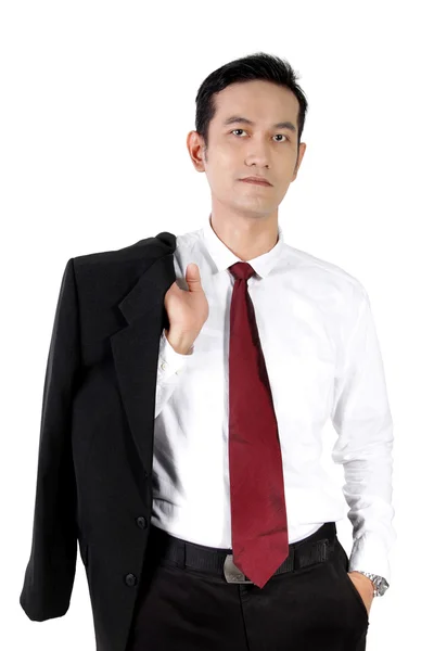 Lässige Pose eines jungen asiatischen Geschäftsmannes, isoliert auf weiß — Stockfoto