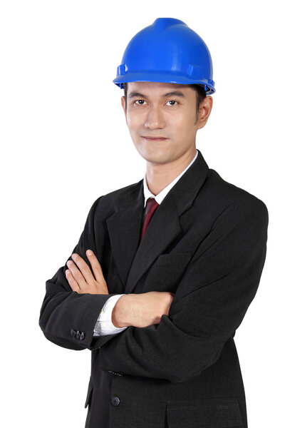 Confident Asian construction worker, isolated on white