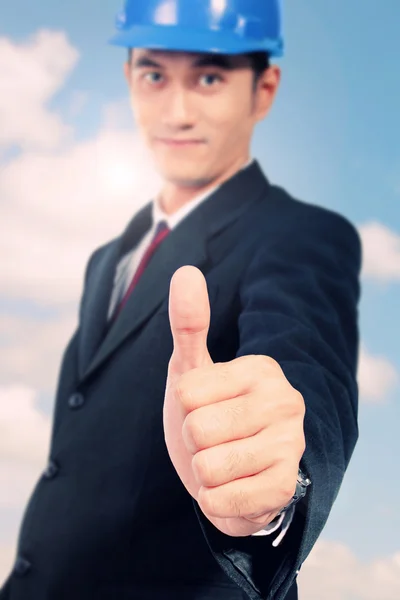 Conceptual image of trust and safety. Architect with thumb up — Stock Photo, Image