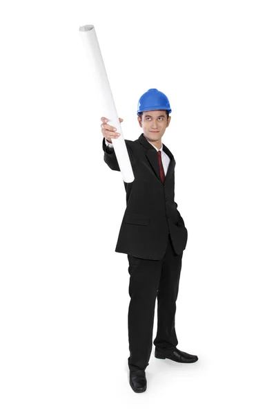 Construction manager pointing with paper — Stock Photo, Image