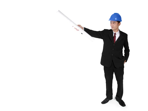 Construction manager pointing at copyspace — Stock Photo, Image
