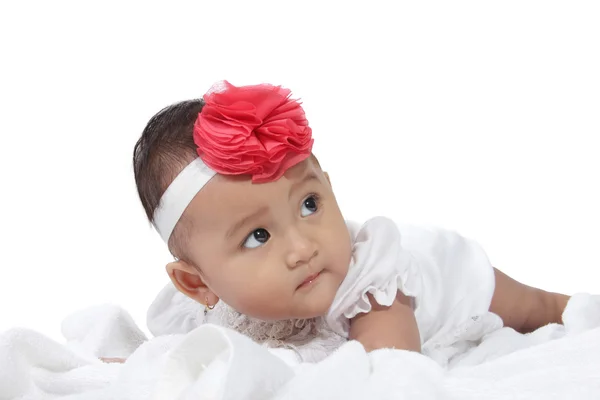 Cute baby crawling in bed — Stock Photo, Image