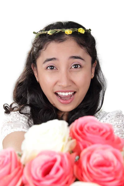 Bright smiling girl with hand bouquet — Stock Photo, Image