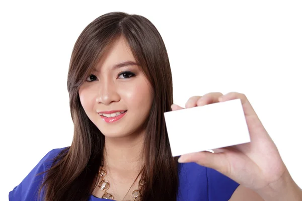 Pretty girl showing a multifunctional card — Stock Photo, Image