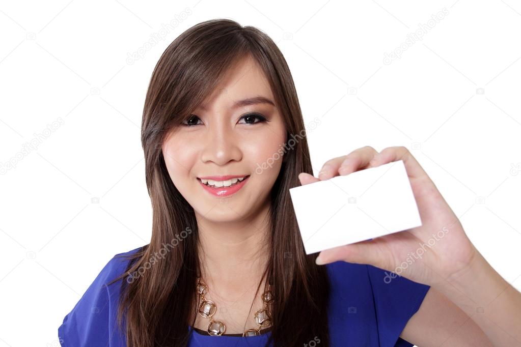 Beautiful woman with a white blank business card