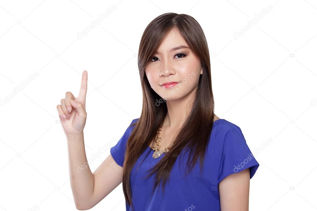 Asian girl pointing finger up