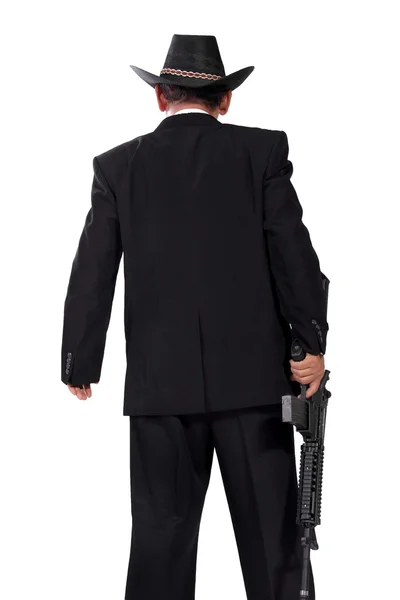 Gunman in black back-shot photo, isolated on white — Stock Photo, Image