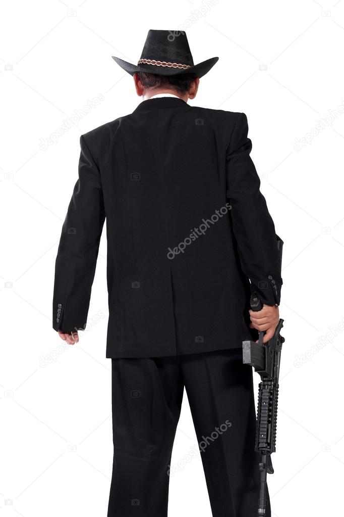 Gunman in black back-shot photo, isolated on white 
