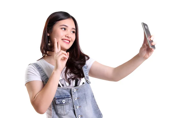 Cheerful girl selfie for the win isolated — Stock Photo, Image