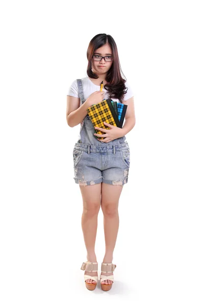 Menina da escola decepcionado, corpo inteiro isolado — Fotografia de Stock